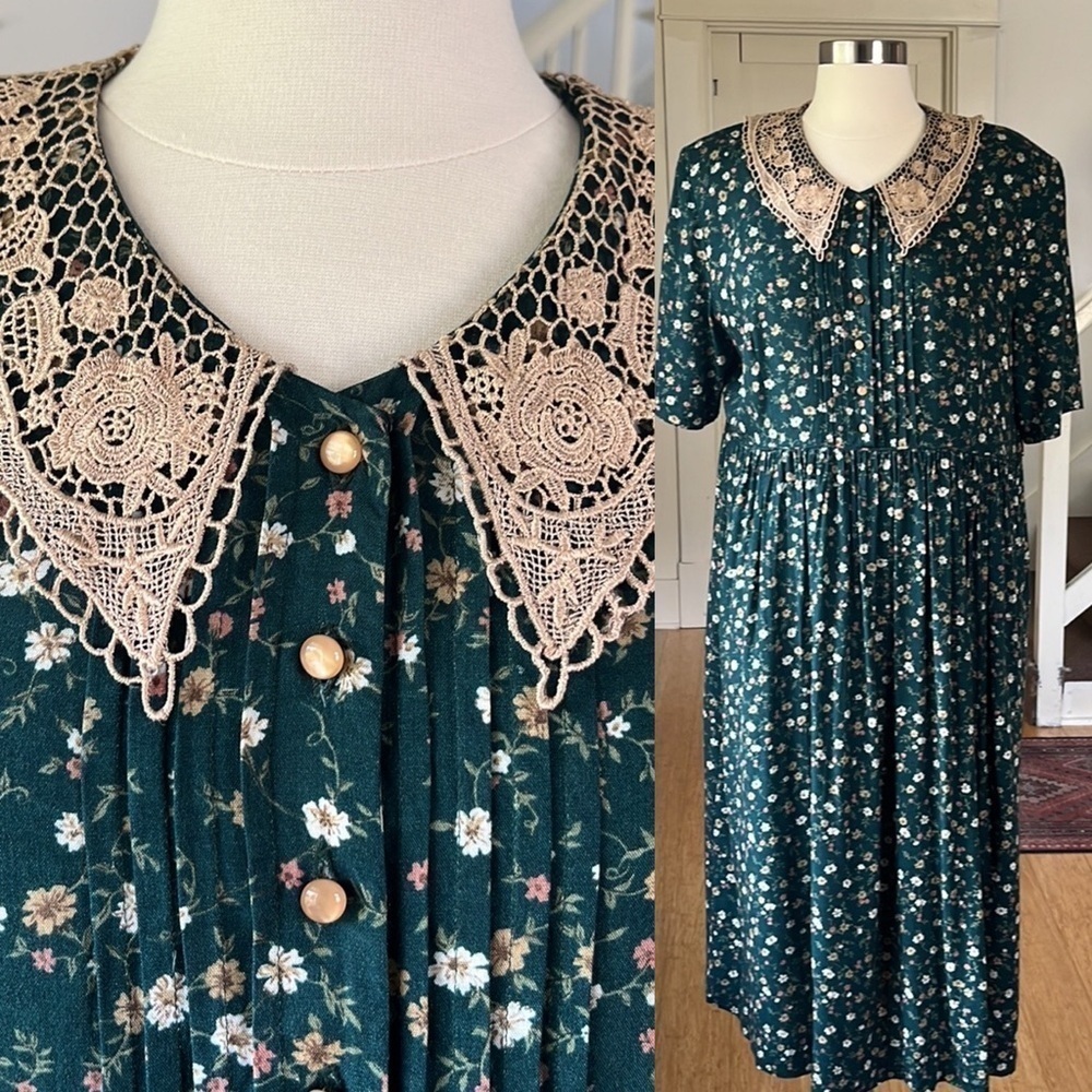 90s Vintage Midi Dress with Crochet Lace Collar Green Size M/L